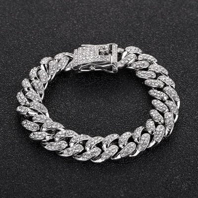 Picture of Superb Versatile -Choice and Remark -Men Cuban Link Chain Bracelet Shiny Rhinestone Inlaid Bangle Jewelry- Avant-garde For Men - Silver