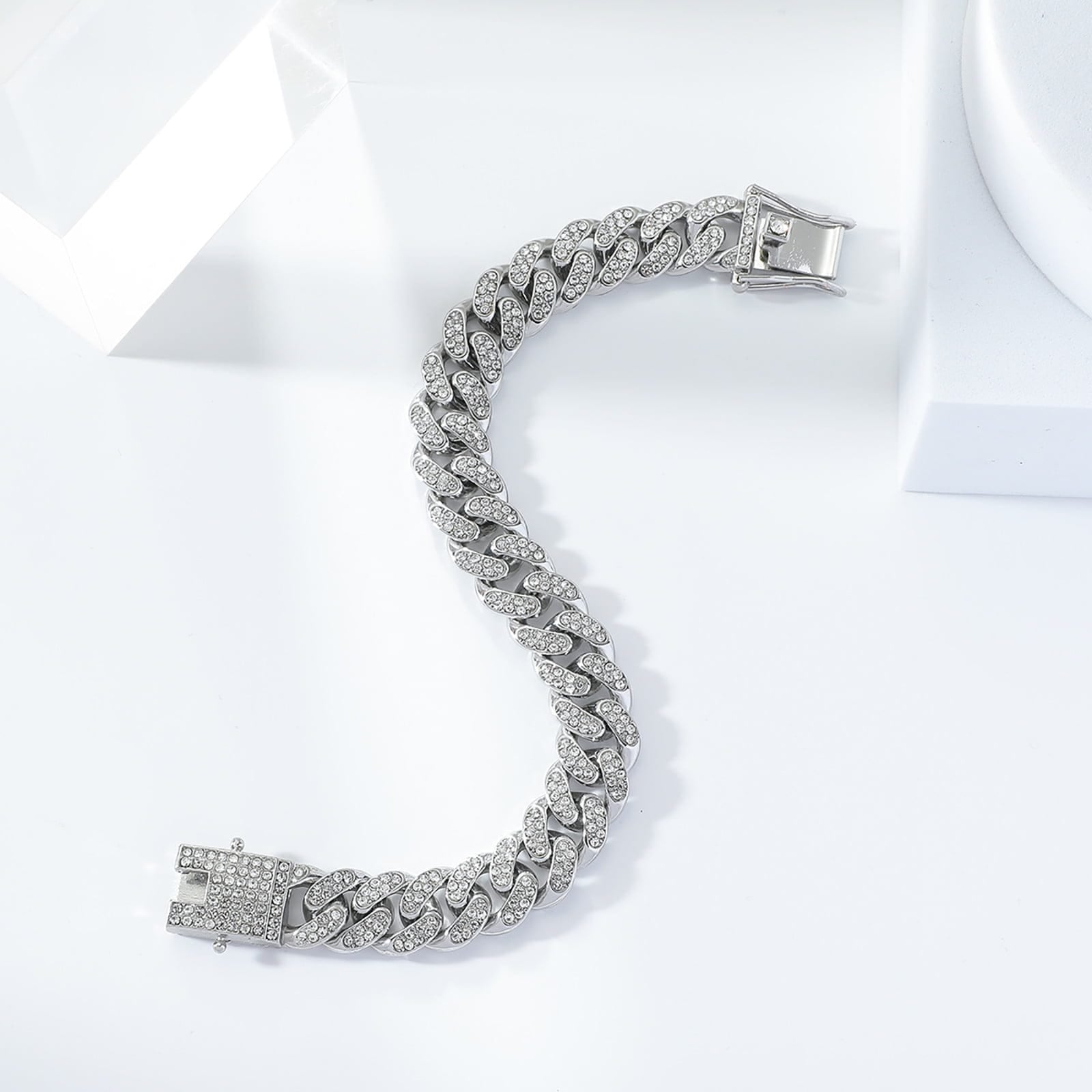 Picture of Superb Versatile -Choice and Remark -Men Cuban Link Chain Bracelet Shiny Rhinestone Inlaid Bangle Jewelry- Avant-garde For Men - Silver