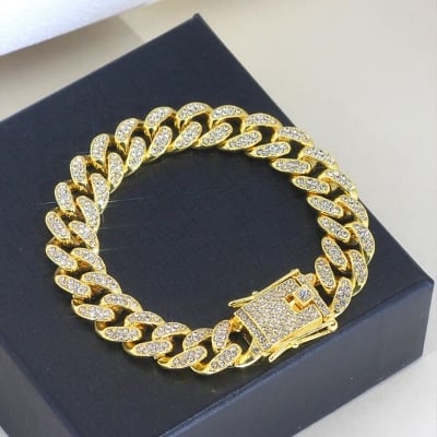 Picture of New style Men Cuban Link Chain Bracelet Shiny Rhinestone Diamonds Choker  Jewelry Gifts for Men Women - Gold