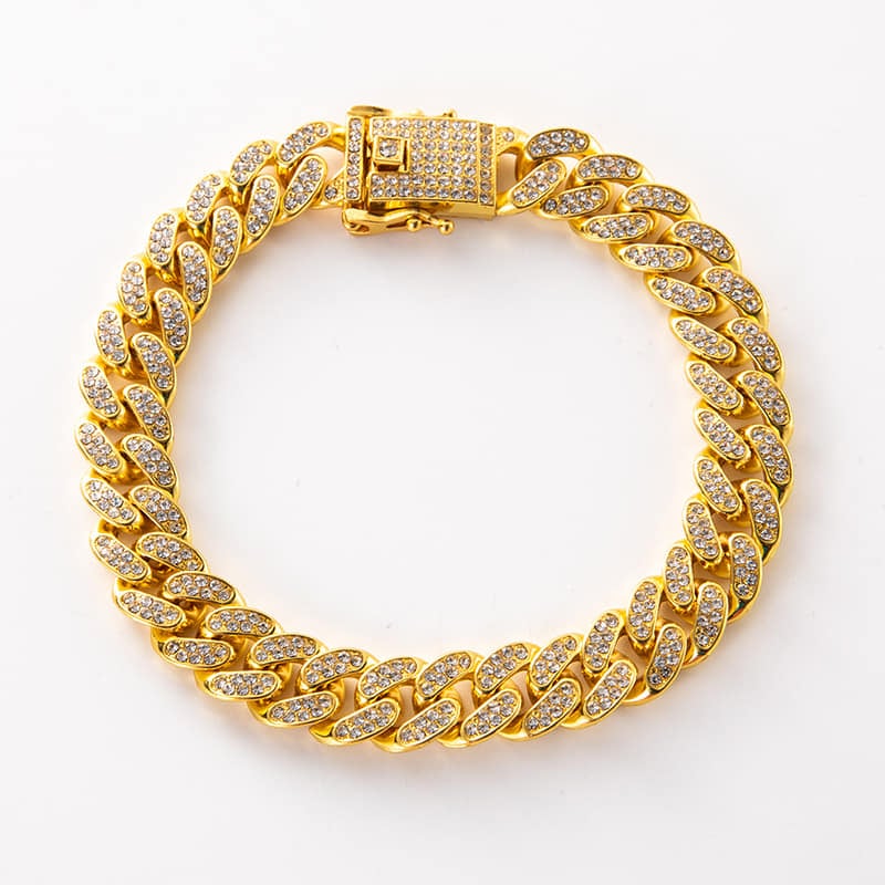 Picture of New style Men Cuban Link Chain Bracelet Shiny Rhinestone Diamonds Choker  Jewelry Gifts for Men Women - Gold