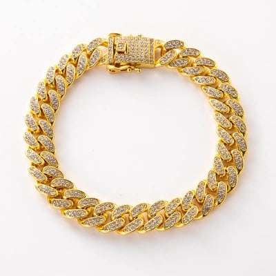 Picture of New style Men Cuban Link Chain Bracelet Shiny Rhinestone Diamonds Choker  Jewelry Gifts for Men Women - Gold