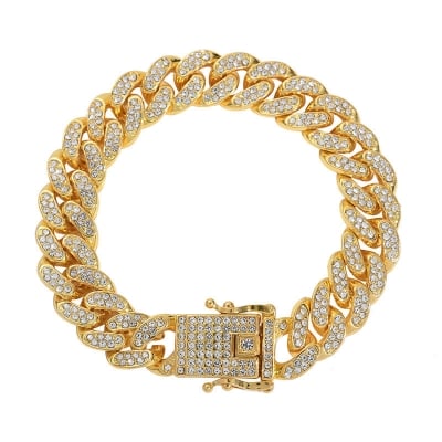 Picture of New style Men Cuban Link Chain Bracelet Shiny Rhinestone Diamonds Choker  Jewelry Gifts for Men Women - Gold