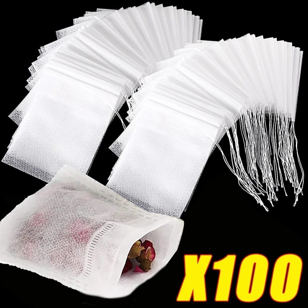 Picture of 100 Pcs Disposable Tea Bags Tea Infuser Filter Bags with String Cure Seal, Food Grade Non-Woven Fabric Spice Filters Tea Bags - White