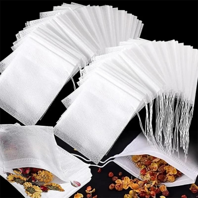 Picture of 100 Pcs Disposable Tea Bags Tea Infuser Filter Bags with String Cure Seal, Food Grade Non-Woven Fabric Spice Filters Tea Bags - White