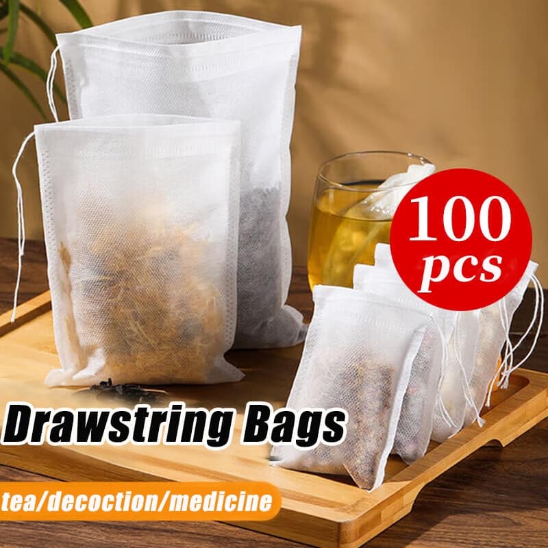 Picture of 100 Pcs Disposable Tea Bags Tea Infuser Filter Bags with String Cure Seal, Food Grade Non-Woven Fabric Spice Filters Tea Bags - White