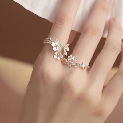 Picture of Delicate Flower Opening Adjustable Ring Set for Women, Korean Silver Color, Minimalist Finger Rings