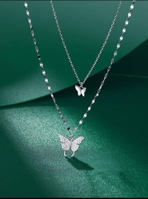 Picture of Shiny Butterfly Necklace Exquisite Crystal Collar Chain For Women - Silver