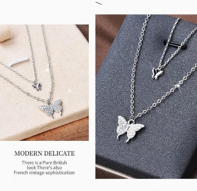 Picture of Shiny Butterfly Necklace Exquisite Crystal Collar Chain For Women - Silver