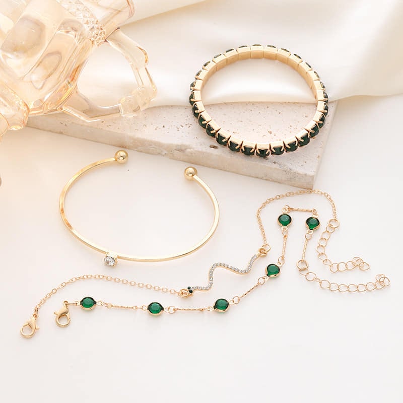 Picture of 4pcs Bracelet Set Rhinestone Green Gems Chains Bangle Gold Fashion Jewellery For  Women - Gold