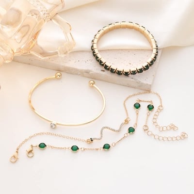 Picture of 4pcs Bracelet Set Rhinestone Green Gems Chains Bangle Gold Fashion Jewellery For  Women - Gold