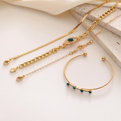 Picture of 4PCS/Set Fashionable Snake Imitation Gemstone Bangle Rhinestone Full Metal Bracelet Set for Women's Jewelry Birthday Party Gifts - Gold