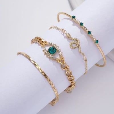 Picture of 4PCS/Set Fashionable Snake Imitation Gemstone Bangle Rhinestone Full Metal Bracelet Set for Women's Jewelry Birthday Party Gifts - Gold
