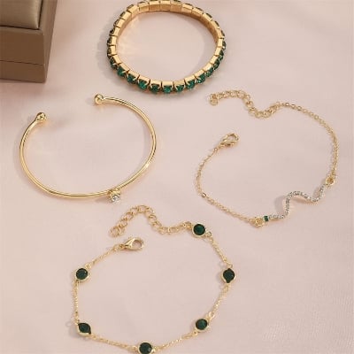 Picture of 4Pcs/Set Fashionable Snake Imitation Gemstone Bangle Rhinestone Full Metal Bracelet For  Women - Gold