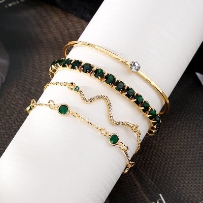 Picture of 4Pcs/Set Fashionable Snake Imitation Gemstone Bangle Rhinestone Full Metal Bracelet For  Women - Gold