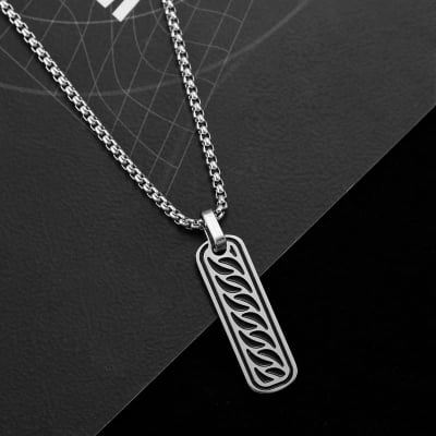Picture of Men's Necklaces Anti-allergy Stainless Steel Vertical Bar with Cuban Chain Symbol Pendant Necklace Chain - Silver