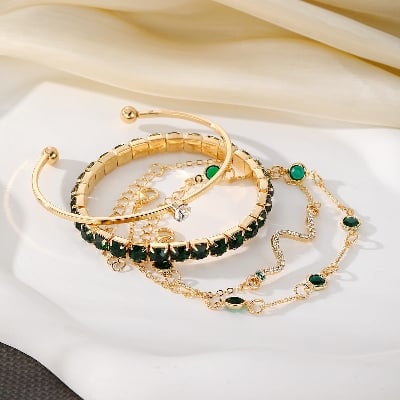 Picture of 4pcs Bracelet Set Bangle Chain Boho Fashion Jewellery Green Colour  For  Women