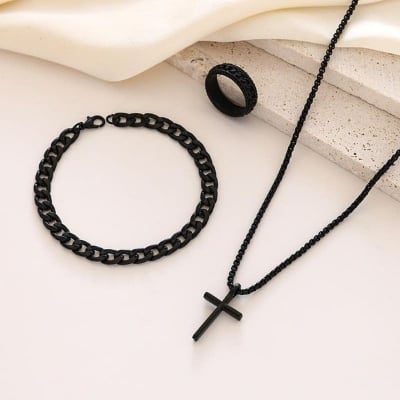 Picture of 3pcs Trendy Stainless Steel Square Pendant Chain+Bracelet +Ring  for Men - Sleek & Classic Design - Black