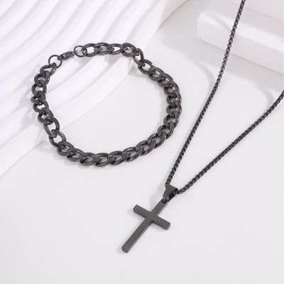 Picture of 3pcs Trendy Stainless Steel Square Pendant Chain+Bracelet +Ring  for Men - Sleek & Classic Design - Black
