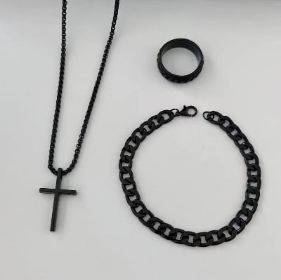 Picture of 3pcs Trendy Stainless Steel Square Pendant Chain+Bracelet +Ring  for Men - Sleek & Classic Design - Black
