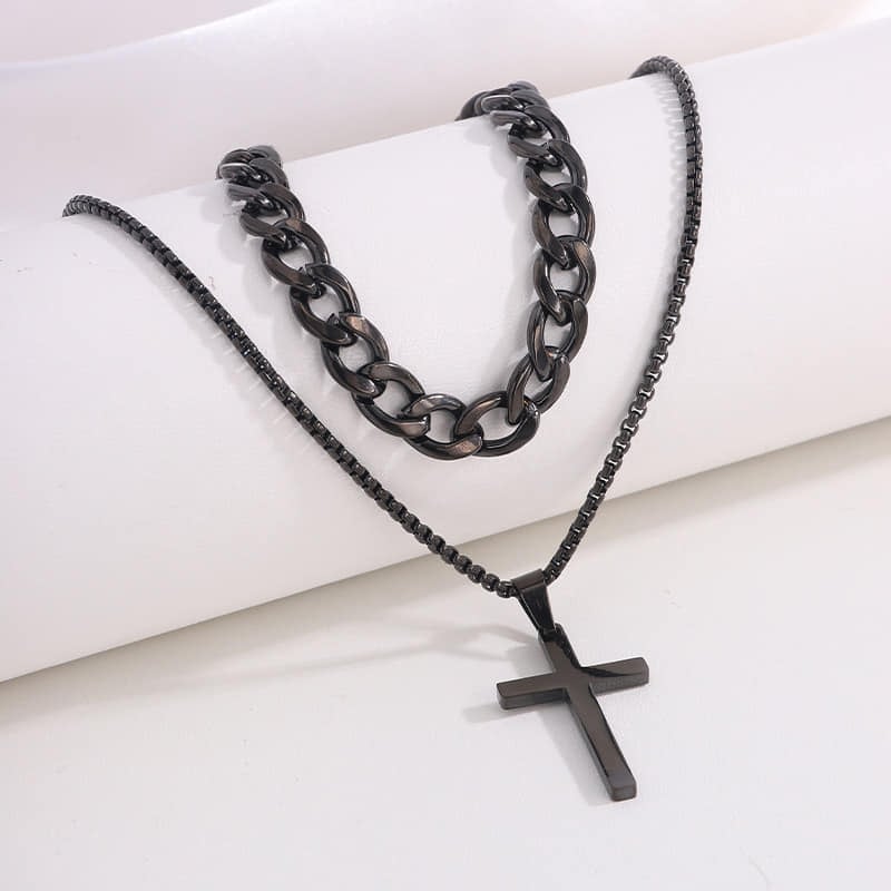 Picture of 3pcs Trendy Stainless Steel Square Pendant Chain+Bracelet +Ring  for Men - Sleek & Classic Design - Black