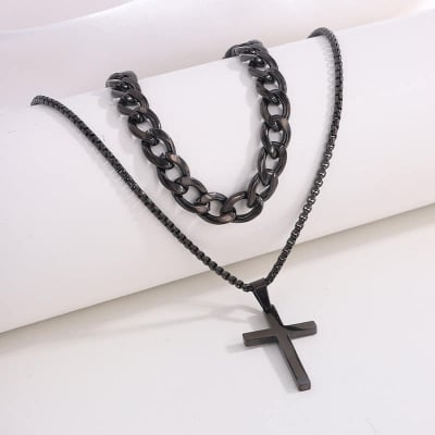 Picture of 3pcs Trendy Stainless Steel Square Pendant Chain+Bracelet +Ring  for Men - Sleek & Classic Design - Black