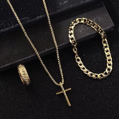 Picture of 3pcs/set Mens Stainless Steel Glamour Chain Bracelet & Ring Set for Men - Gold