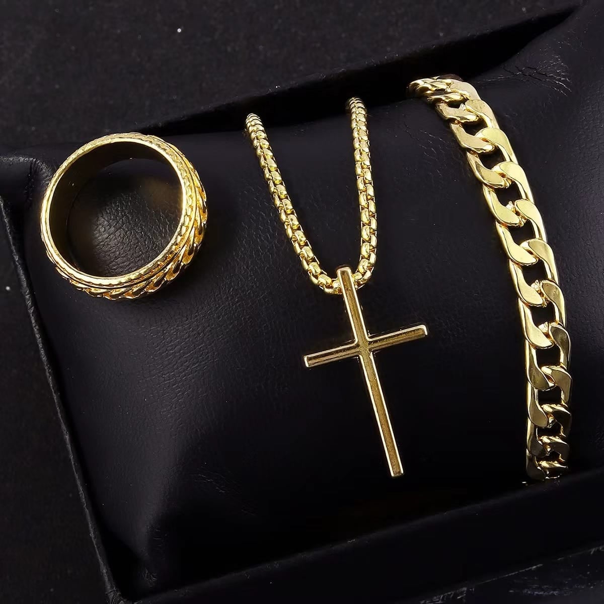 Picture of 3pcs/set Mens Stainless Steel Glamour Chain Bracelet & Ring Set for Men - Gold