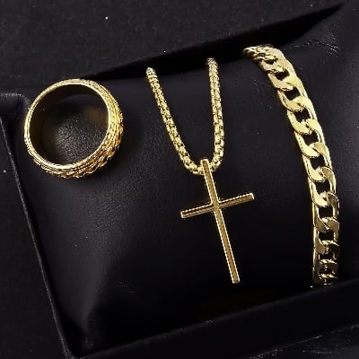 Picture of 3pcs/set Mens Stainless Steel Glamour Chain Bracelet & Ring Set for Men - Gold