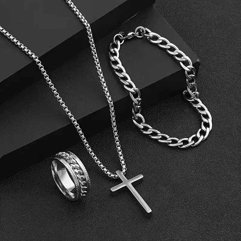 Picture of Men's Sleek Stainless Steel Geometric Pendant Necklace -Necklace Bracelet & Ring Set for Men - Silver