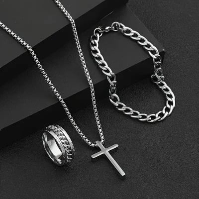 Picture of Men's Sleek Stainless Steel Geometric Pendant Necklace -Necklace Bracelet & Ring Set for Men - Silver