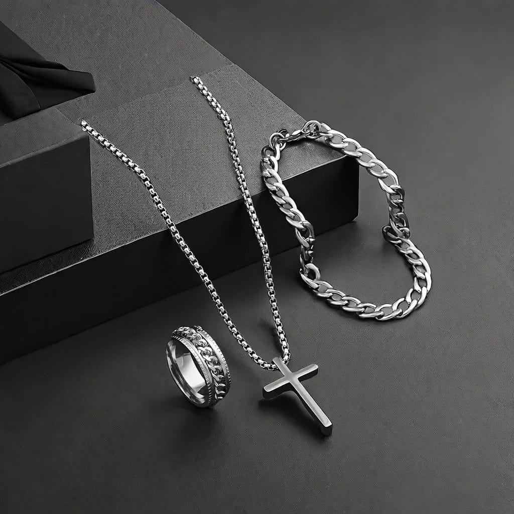 Picture of Men's Sleek Stainless Steel Geometric Pendant Necklace -Necklace Bracelet & Ring Set for Men - Silver