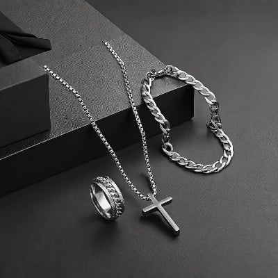 Picture of Men's Sleek Stainless Steel Geometric Pendant Necklace -Necklace Bracelet & Ring Set for Men - Silver
