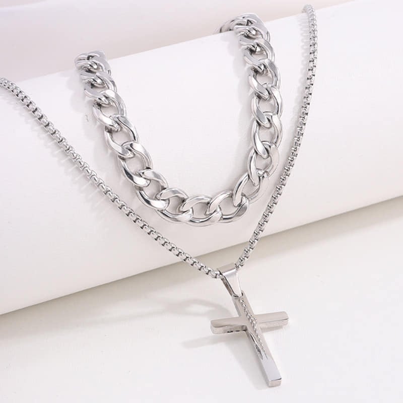 Picture of Men's Sleek Stainless Steel Geometric Pendant Necklace -Necklace Bracelet & Ring Set for Men - Silver