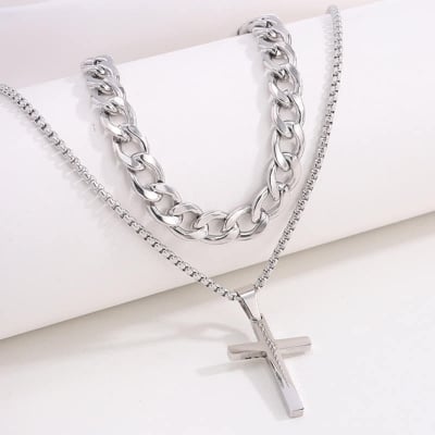 Picture of Men's Sleek Stainless Steel Geometric Pendant Necklace -Necklace Bracelet & Ring Set for Men - Silver