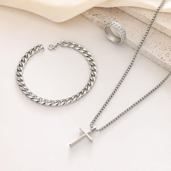 Picture of Men's Sleek Stainless Steel Geometric Pendant Necklace -Necklace Bracelet & Ring Set for Men - Silver