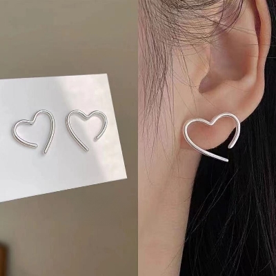 Picture of 1Pair Love Heart Hollow Metal Stud Earrings for Women Geometric Earrings for Girls - Silver