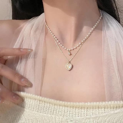 Picture of Love Heart Double Layer Necklace Pearl Pendant Necklace Chain  for Girls - Gold