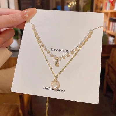 Picture of Love Heart Double Layer Necklace Pearl Pendant Necklace Chain  for Girls - Gold