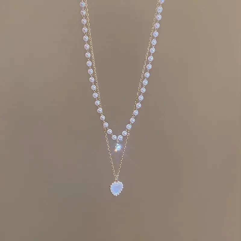 Picture of Love Heart Double Layer Necklace Pearl Pendant Necklace Chain  for Girls - Gold