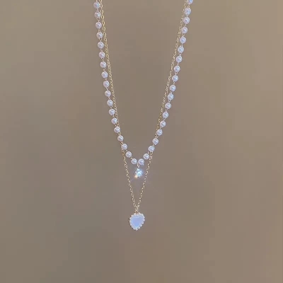 Picture of Love Heart Double Layer Necklace Pearl Pendant Necklace Chain  for Girls - Gold