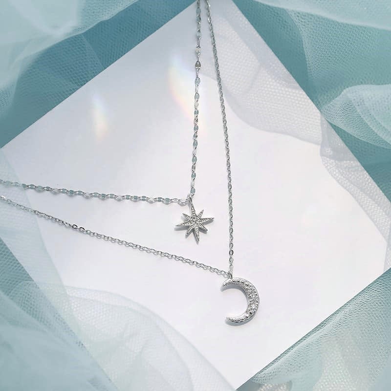Picture of Double Layer Star Moon Charm Necklace Chain For Women - Silver