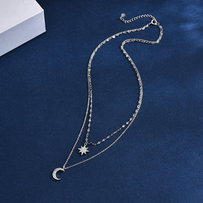 Picture of Double Layer Star Moon Charm Necklace Chain For Women - Silver