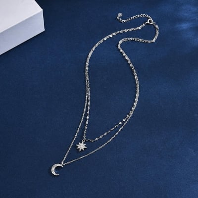 Picture of Double Layer Star Moon Charm Necklace Chain For Women - Silver