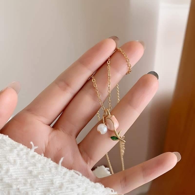 Picture of Elegant  Korean Cute Tulip Flower Shaped Pendant Peach Pearl Flower Chain ,Fashionable Jewelry  Chain For Girls - Gold