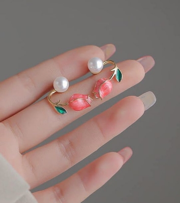 Picture of Tulip Pearl Stud Earrings for Women Fashion Statement Pearl Ear Hook Ear Cuff Jacket Front Back Flower Earring for Woman - Red