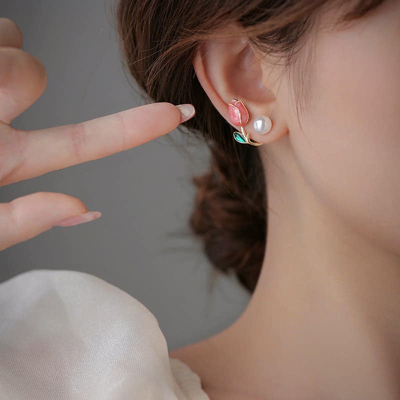 Picture of Tulip Pearl Stud Earrings for Women Fashion Statement Pearl Ear Hook Ear Cuff Jacket Front Back Flower Earring for Woman - Red