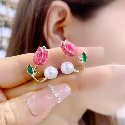 Picture of Tulip Pearl Stud Earrings for Women Fashion Statement Pearl Ear Hook Ear Cuff Jacket Front Back Flower Earring for Woman - Red