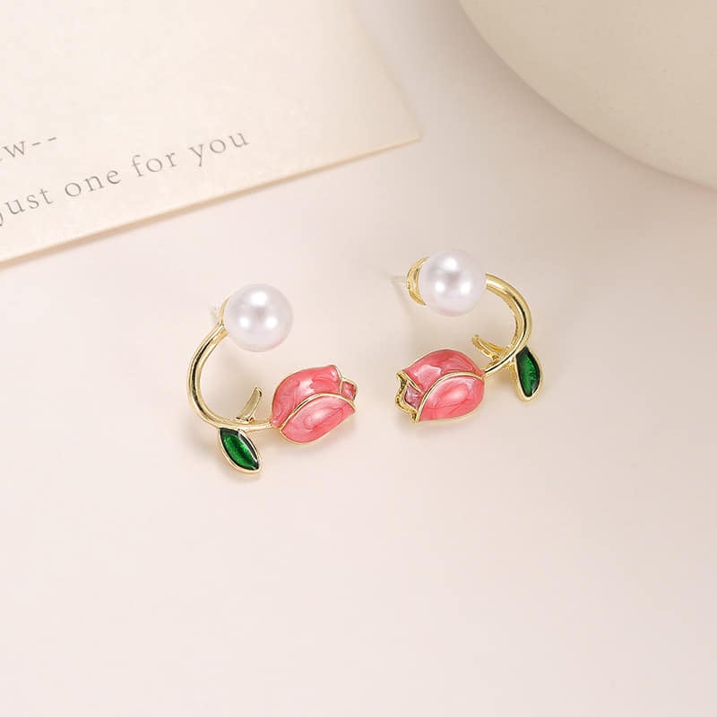 Picture of Tulip Pearl Stud Earrings for Women Fashion Statement Pearl Ear Hook Ear Cuff Jacket Front Back Flower Earring for Woman - Red