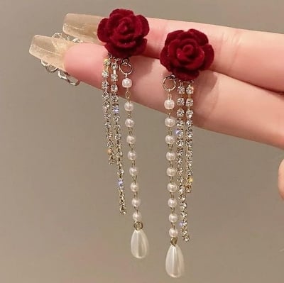 Picture of New personality fashion design zircon earrings for women - Red