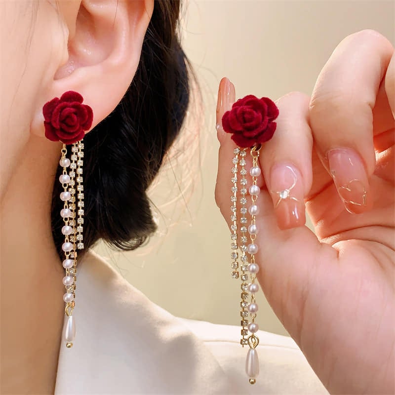 Picture of New personality fashion design zircon earrings for women - Red